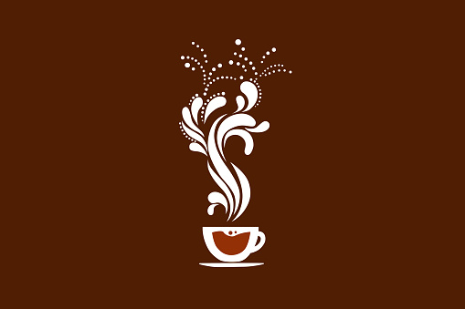 Coffee cup icon: The aroma of hot coffee on the brown background