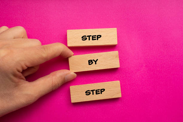 Step by step words written on wooden blocks with pink background