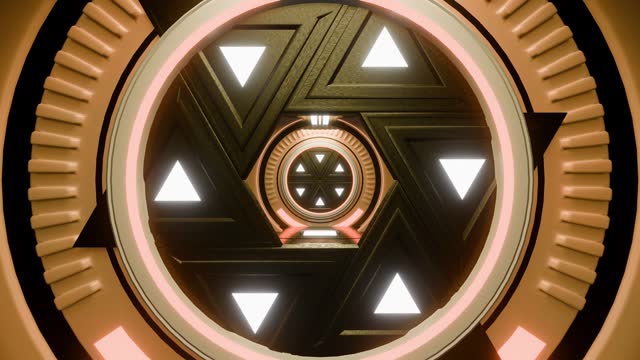 Seamless loop motion graphic of flying into sci-fi spaceship hallway. Pink color