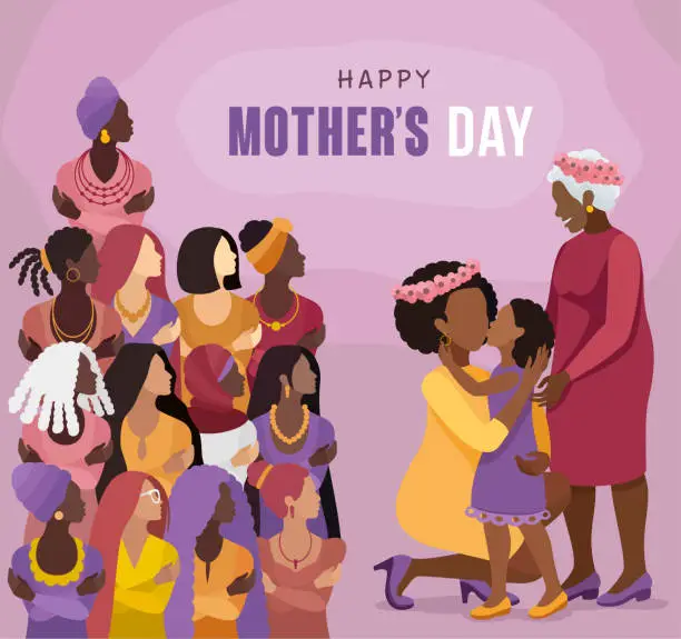 Vector illustration of International Women’s Day Banner. Multiracial Group of Women. Celebrating Mother's Day: Three Generations - Grandmother, Mother, Granddaughter.