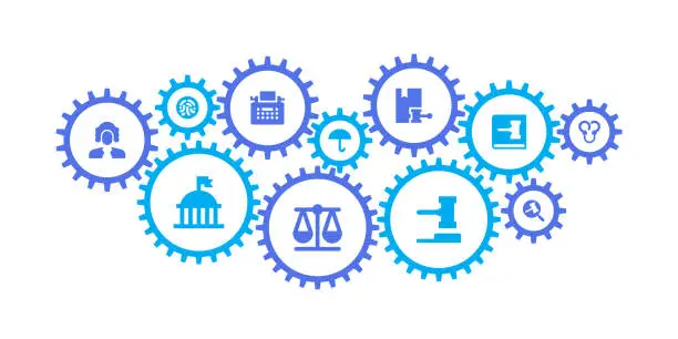 Vector illustration of Gear mechanism and law & justice icons