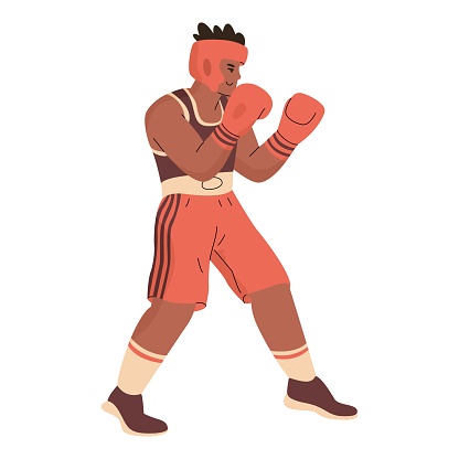 A boxer in boxing gloves stands in a fighting stance. Participation in fist sports. Summer sports. Vector illustration isolated on transparent background.