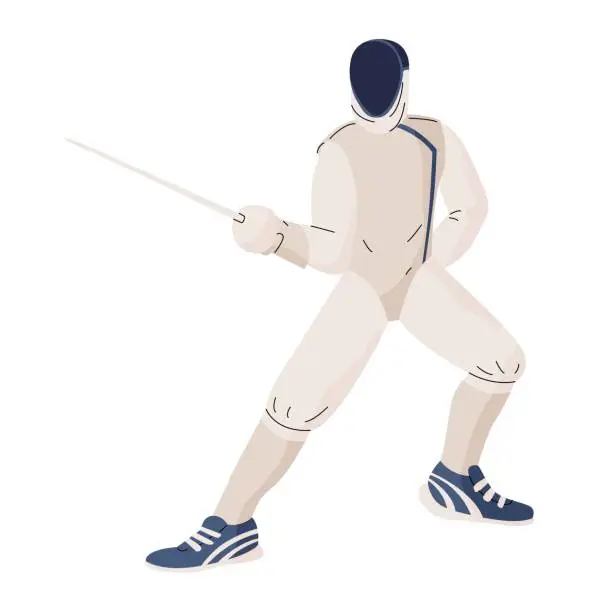 Vector illustration of Sports fencer in full uniform with a rapier in a defensive pose. Summer sports and competitions. Vector illustration isolated on transparent background.
