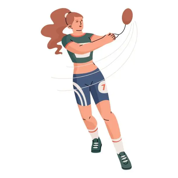 Vector illustration of Sports hammer throwing. A girl athlete participates in world competitions at the stadium. Summer sports. Vector illustration isolated on transparent background.