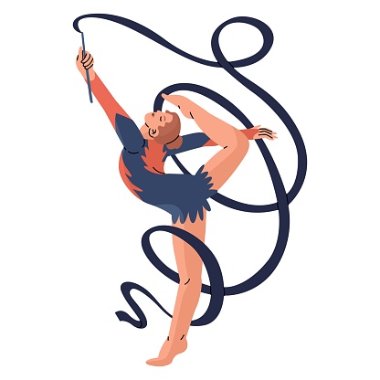 A girl gymnast performs a routine with a ribbon. Body flexibility, balance and artistry. Active and healthy lifestyle. Summer sports. Vector illustration isolated on transparent background.