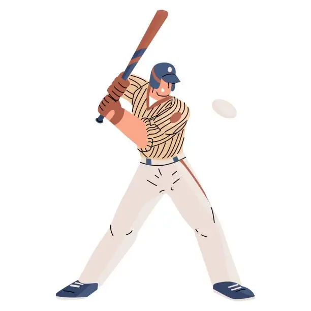 Vector illustration of A baseball player with a bat hits the ball. National American sport. Team game. Summer sports. Vector illustration isolated on transparent background.