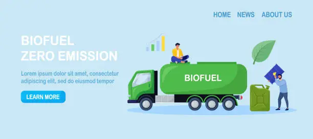 Vector illustration of Truck delivering biofuel to petrol refill station. Renewable energy source derived from organic materials. Reducing greenhouse gas emissions. Alternative green diesel. Environmental sustainability