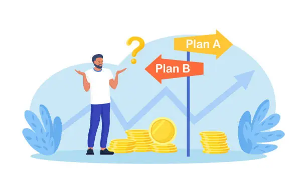 Vector illustration of Business difficult choices. Man trying to make a choice for the road ahead. Uncertainty and doubt. Making decision, career path, work direction or choose the right way to success