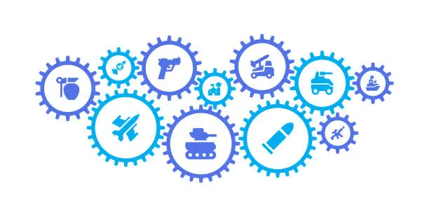 Vector illustration of Gear mechanism and defense industry icons
