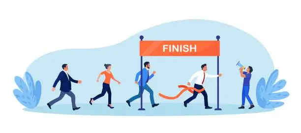 Vector illustration of Businessmen run race crossing finish line. Team leader finish first. Business success or achievement, skill or effort to succeed in work. Competitive process in business. Way to achieve the goal