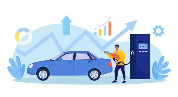 Vector illustration of Driver refueling auto at petrol station with fuel gun. High price for car fuel. People wasting money for gasoline. Fuel economy and money savings