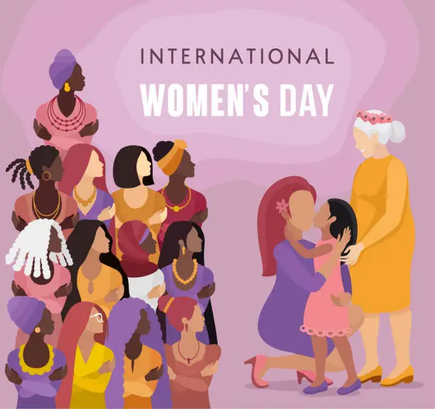 Vector illustration of International Women’s Day Banner. Multiracial Group of Women. Celebrating Mother's Day: Three Generations - Grandmother, Mother, Granddaughter.