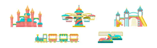 Vector illustration of Colorful Amusement Park Funfair Carousels and Attraction Vector Set