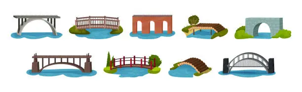 Vector illustration of Stone and Wooden Bridge as Structure for Spanning Physical Obstacle Vector Set