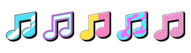 istock Isolated retro music note icon set, vector stickers. Melody, musical show, music festival, disco party, karaoke. Outline 3d music notes with pattern. Retro design elements for party and pop culture 2039685495