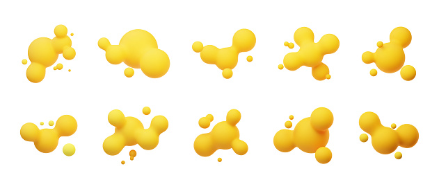 Yellow 3D morphing balls. Liquid blobs like lava lamp. Fluid 3D metaballs. Colorful vector illustration for cards, posters, advertising, flyers. Isolated on white background.