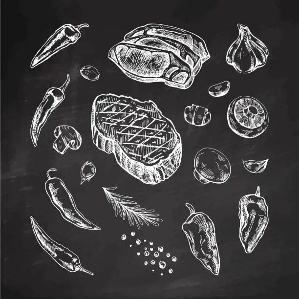 Vector illustration of Set of hand-drawn sketches of barbecue elements on chalkboard background. For design of menu, grilled food. Pieces of meat and vegetables with seasonings.