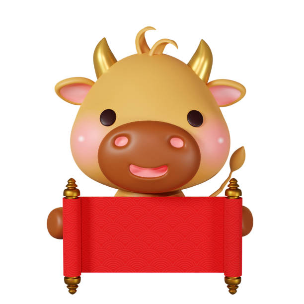3D rendering illustration, cute ox among zodiac signs