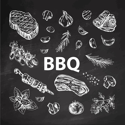 Set of hand-drawn sketches of barbecue elements on chalkboard background. For design of menu, grilled food. Doodle vintage illustration. Engraved image.