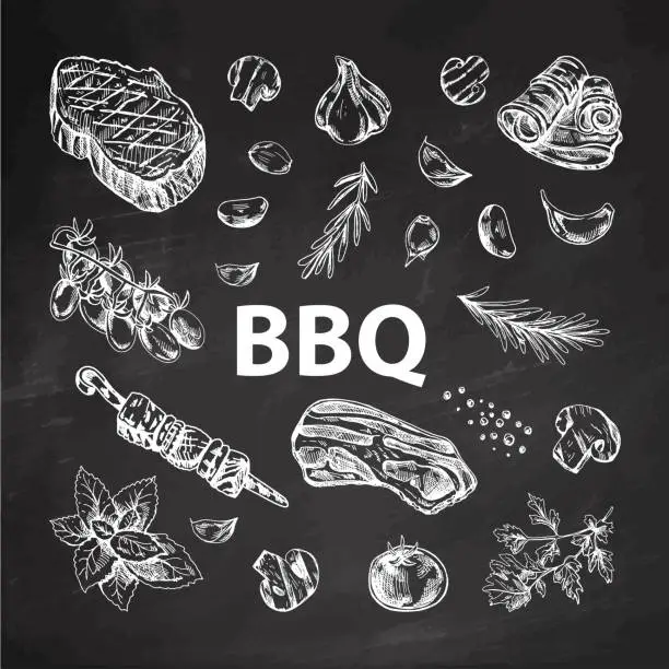 Vector illustration of Set of hand-drawn sketches of barbecue elements on chalkboard background. For design of menu, grilled food. Doodle vintage illustration. Engraved image.