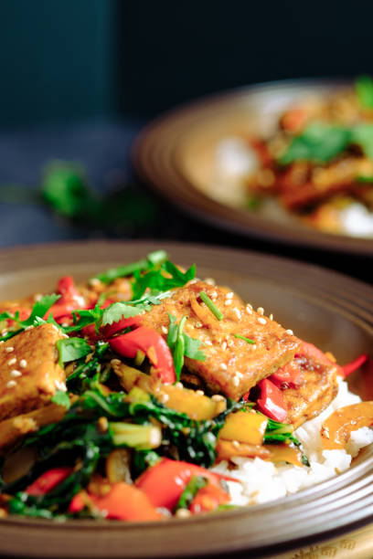 zbliżenie na stir fry tofu z kolendrą. - appetizer bean beef bowl zdjęcia i obrazy z banku zdjęć