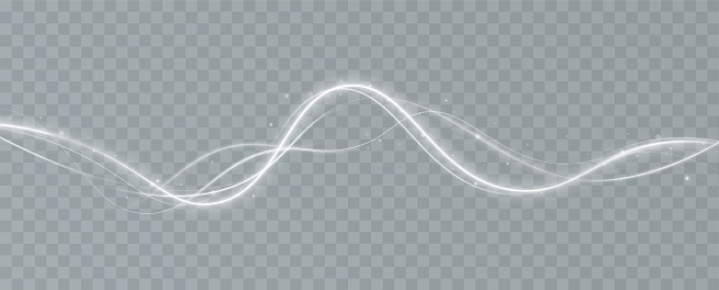 A transparent light effect with a curved and wavy surface. White sparkles sparkle with their light effect. Bright white lines. Abstract lines of movement. Light trace wave