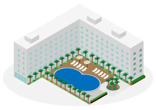 Vector illustration of Image material of a resort hotel with an isometric pool