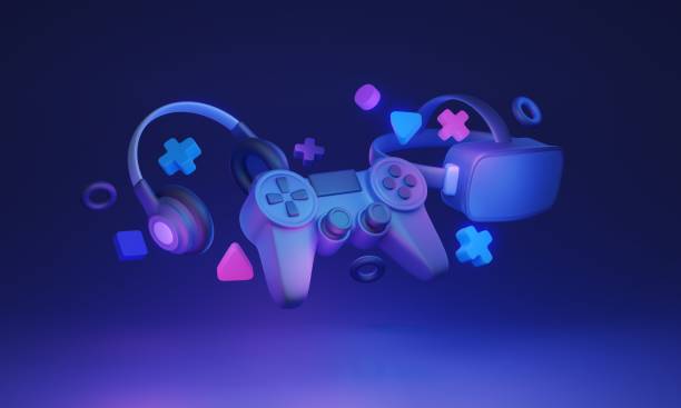 istock Gaming concept, 3D illustration. VR headset, wireless controller and earphones 2039733653