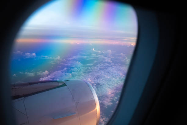 Airplane flies into the sky Looking from the window airplane from passenger