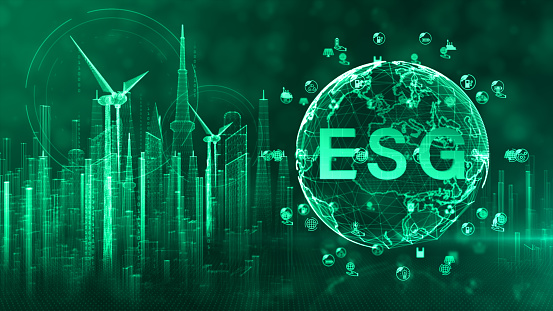 Digital illustration of ESG Environmental, Social, Governance principles integrated with global business, featuring a green futuristic city and earth globe. 3d rendering