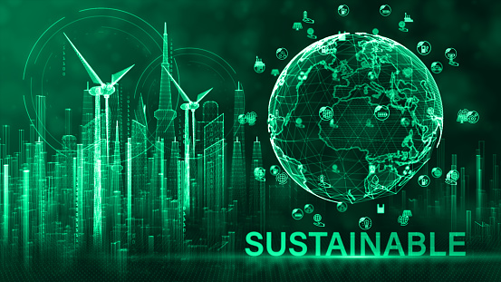 A vivid green digital visualization showcasing sustainable development with wind turbines, futuristic cityscape, and a global map emphasizing sustainability. 3d rendering