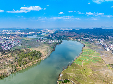Aerial photography of rural river landscape