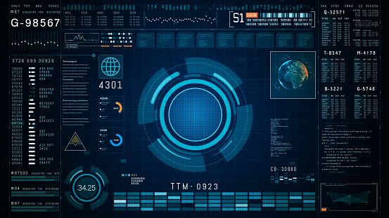 Sophisticated network security interface with central operation monitoring, detailed analytics, and global data flow visualization for enhanced cybersecurity. 3d rendering