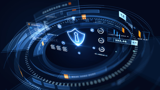 A modern cybersecurity interface showcasing a digital shield for data protection, with metrics and encryption status indicators for enhanced security monitoring. 3d rendering