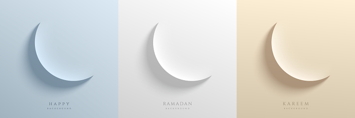 Set of Ramadan Kareem festival background. Moon in paper cut style on cream, wite and blue color. Islamic greeting card template with Eid al Adha Mubarak for wallpaper, Poster, Media banner, card.