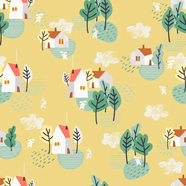 Vector illustration of Seamless pattern on Easter theme with Easter bunny with a basket of eggs and pastoral village houses