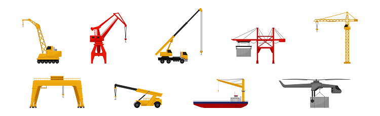 Different Crane as Construction Machine with Hoist Rope for Lifting Heavy Object Vector Set. Equipment for Loading Freight