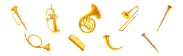 Vector illustration of Brass Musical Instruments with French Horn, Trumpet and Clarinet Vector Set