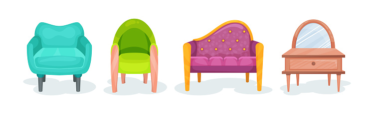 Upholstered Settee, Armchair and Wooden Cabinet with Mirror as Furniture Items Vector Set. Comfortable Indoor Furnishing