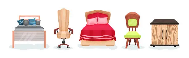 Vector illustration of Bed, Chair and Wooden Cabinet as Furniture Items Vector Set