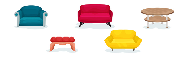 Upholstered Settee, Armchair and Wooden Table as Furniture Items Vector Set. Comfortable Indoor Furnishing