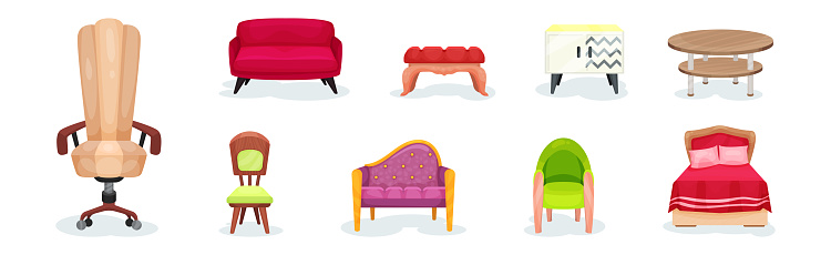 Upholstered Settee, Armchair and Wooden Table with Cabinet as Furniture Items Vector Set. Comfortable Indoor Furnishing