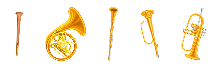 Brass Musical Instruments with French Horn, Trumpet and Clarinet Vector Set. Wind Sound Device with Mouthpiece