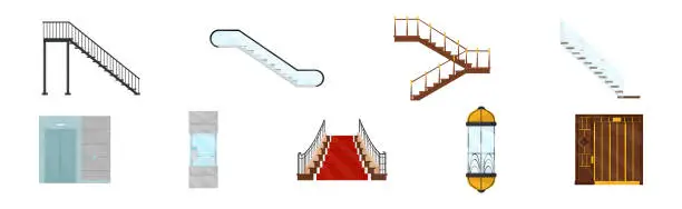 Vector illustration of Stairway and Elevator as Vertical Distance with Steps Vector Set