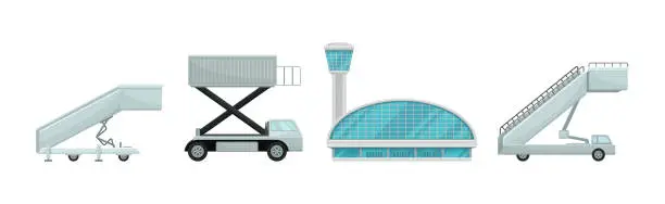 Vector illustration of Airport Transport with Ladder Car and Glass Building Vector Set