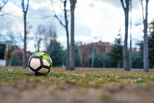 Single Soccer Ball on the grass area in public park.