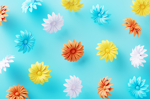 Colorful daisies on blue background. Horizontal composition.