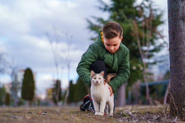 Kid is petting a cat outdoors.