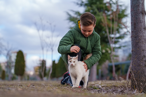 Kid is petting a cat outdoors.