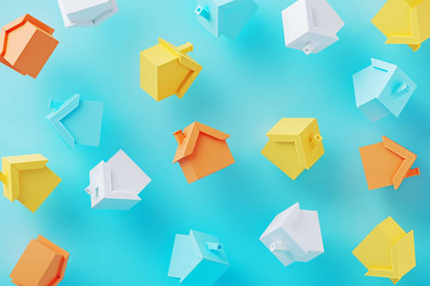 Colorful House Objects On Blue Background Colorful house objects on blue background. Horizontal composition. property styling stock pictures, royalty-free photos & images